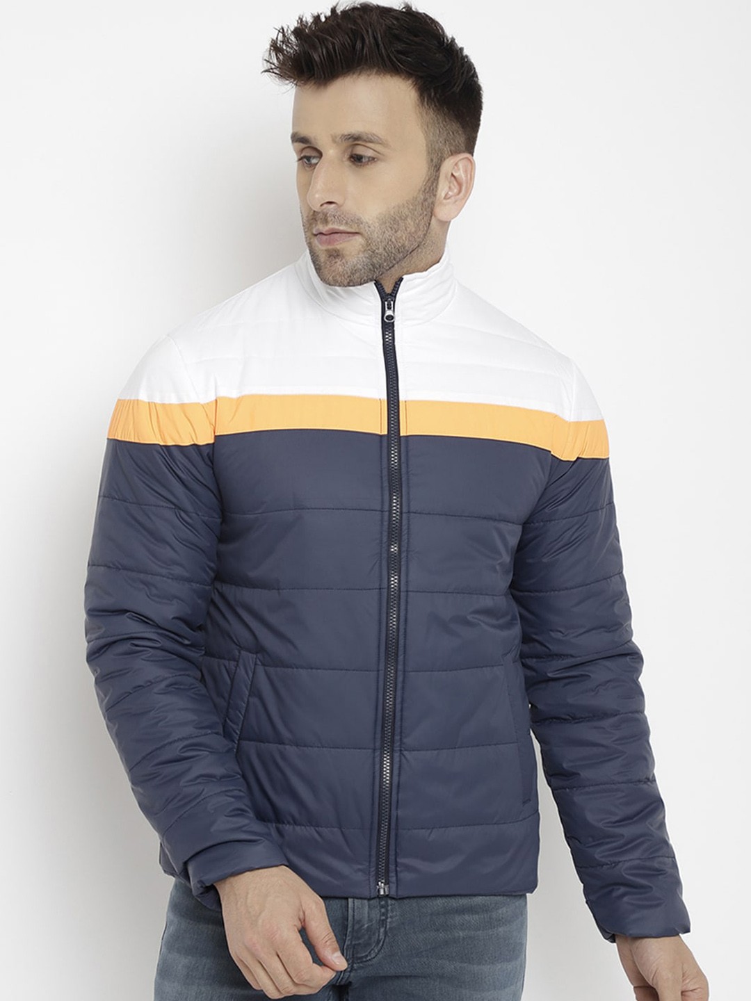 

PERFKT-U Men Navy Blue White Colourblocked Lightweight Crop Outdoor Puffer Jacket