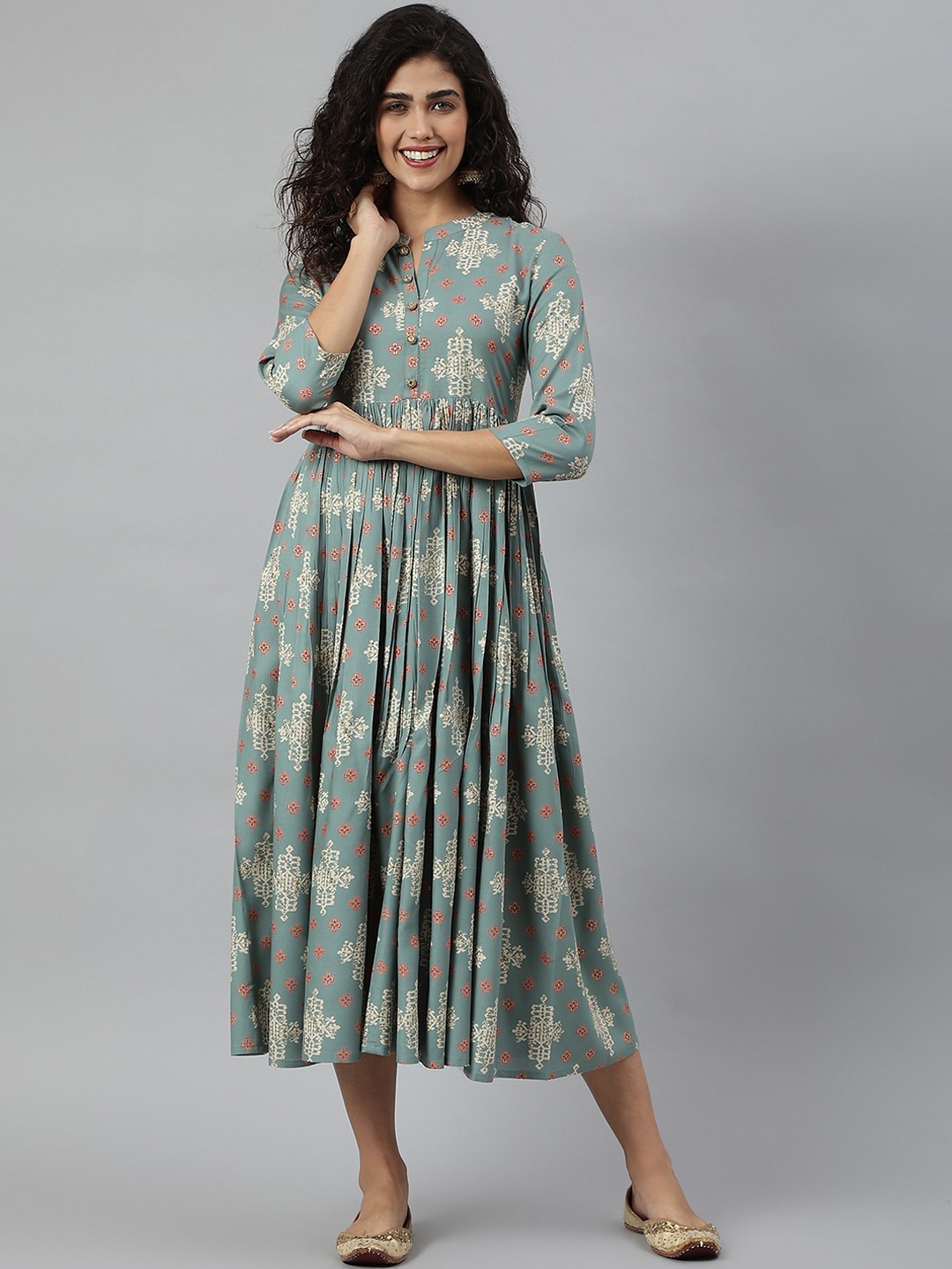 

KALINI Women Turquoise Blue & Beige Ethnic Motifs Printed Anarkali Kurta