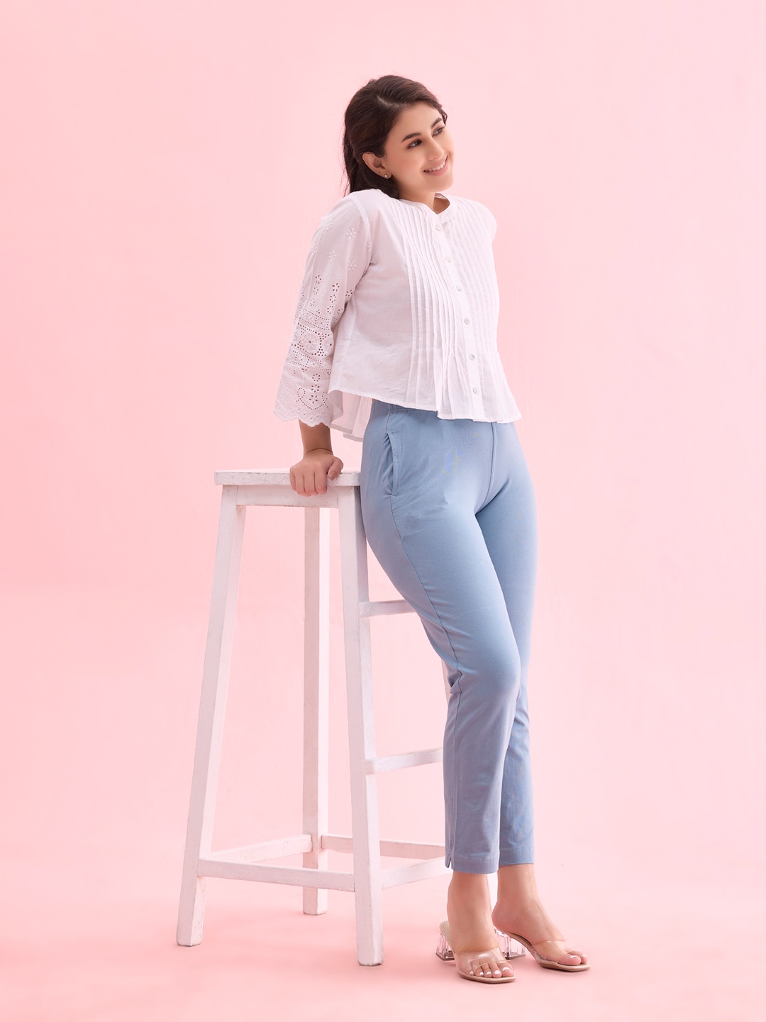 Go Colors Women Blue Solid Wheat Cotton Trousers