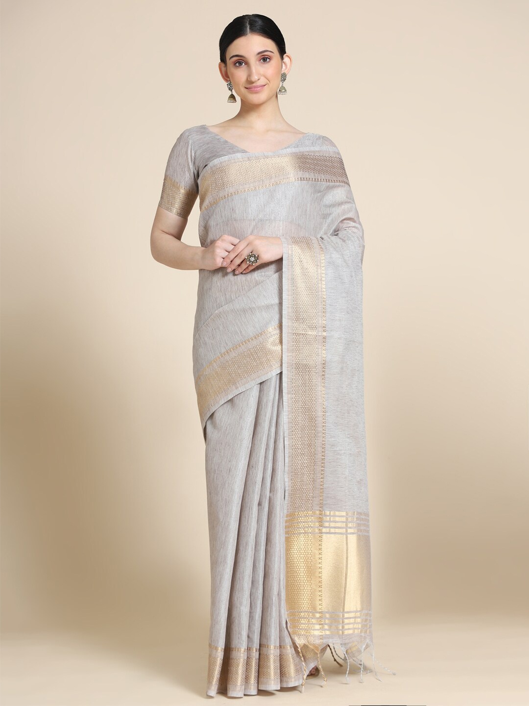 

VISHNU WEAVES Women Coffee Brown& Gold-Toned Tissue Maheshwari Saree
