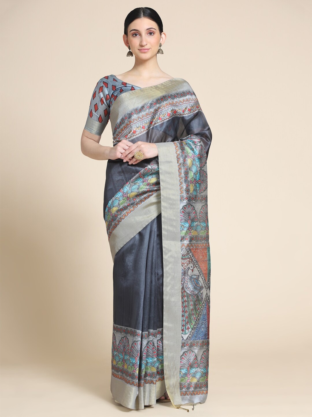 

VISHNU WEAVES Women Grey & Red Embellished Printed Tussar Silk Saree