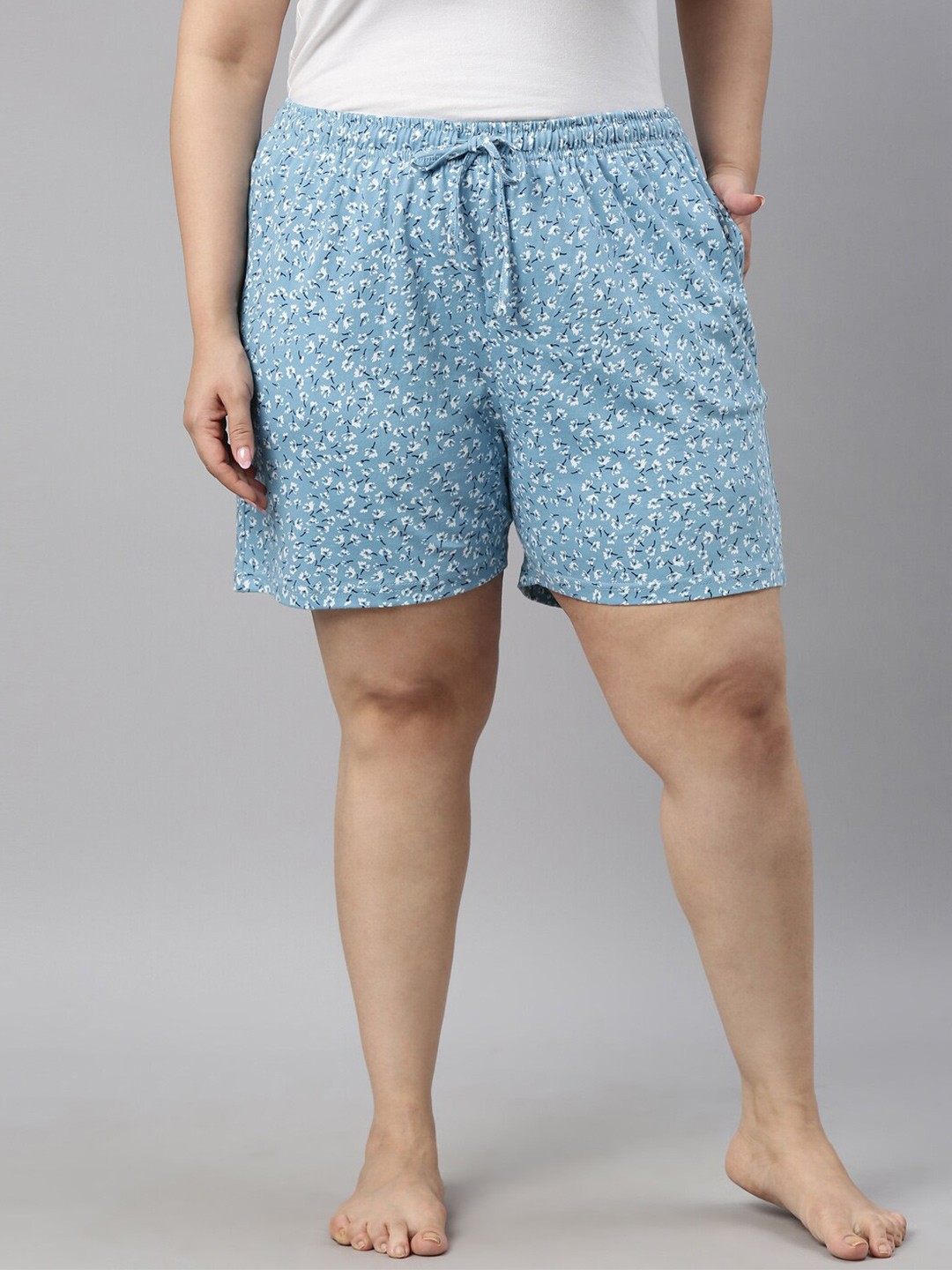 

Go Colors Women Blue & White Printed Cotton Knit Lounge Shorts