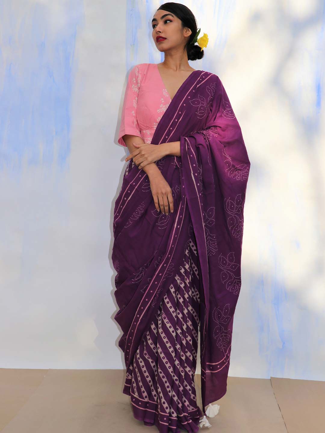 

Chidiyaa Purple & White handprinted Pure Cotton Saree