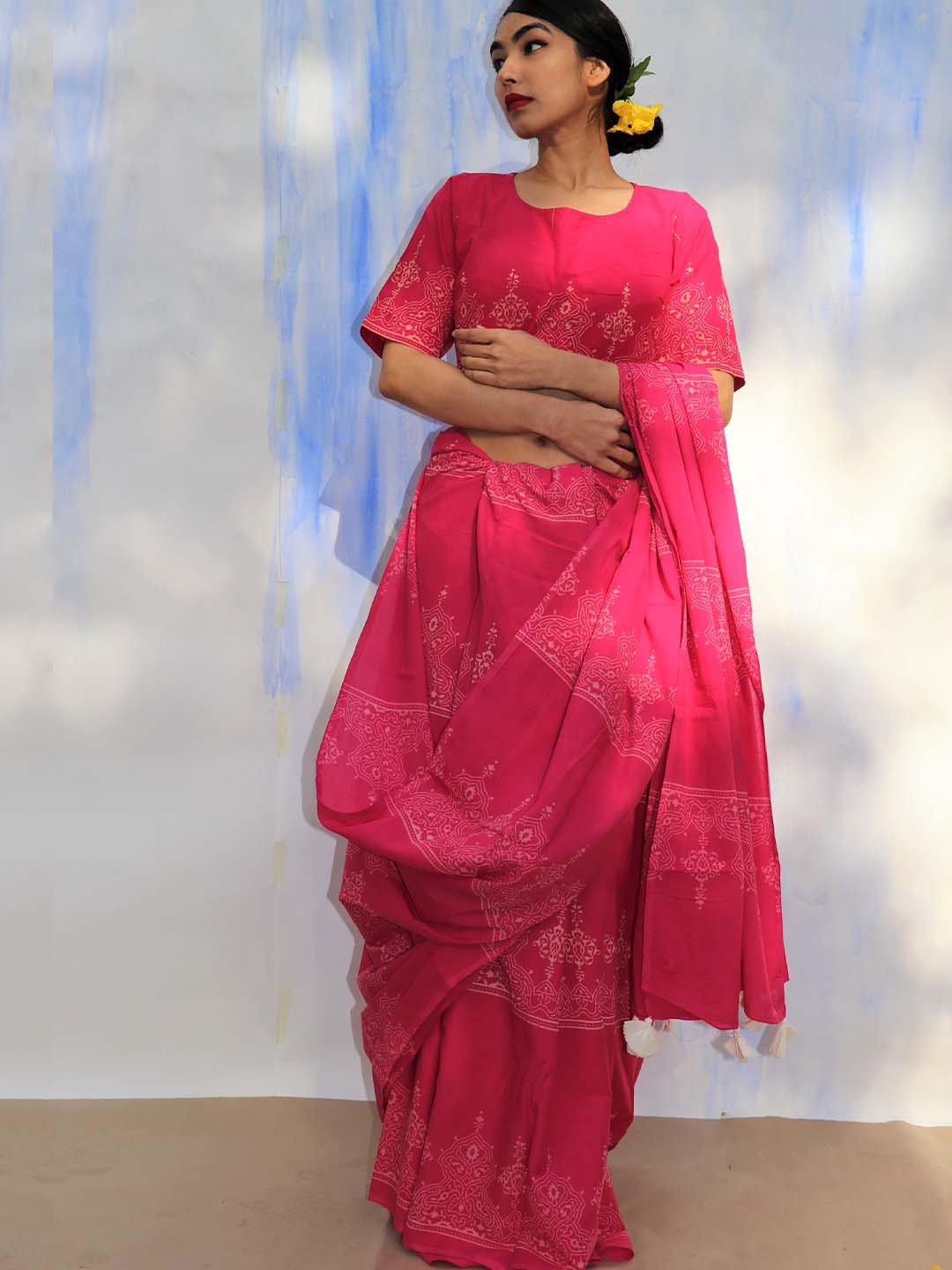 

Chidiyaa Pink & White handprinted pure cotton saree