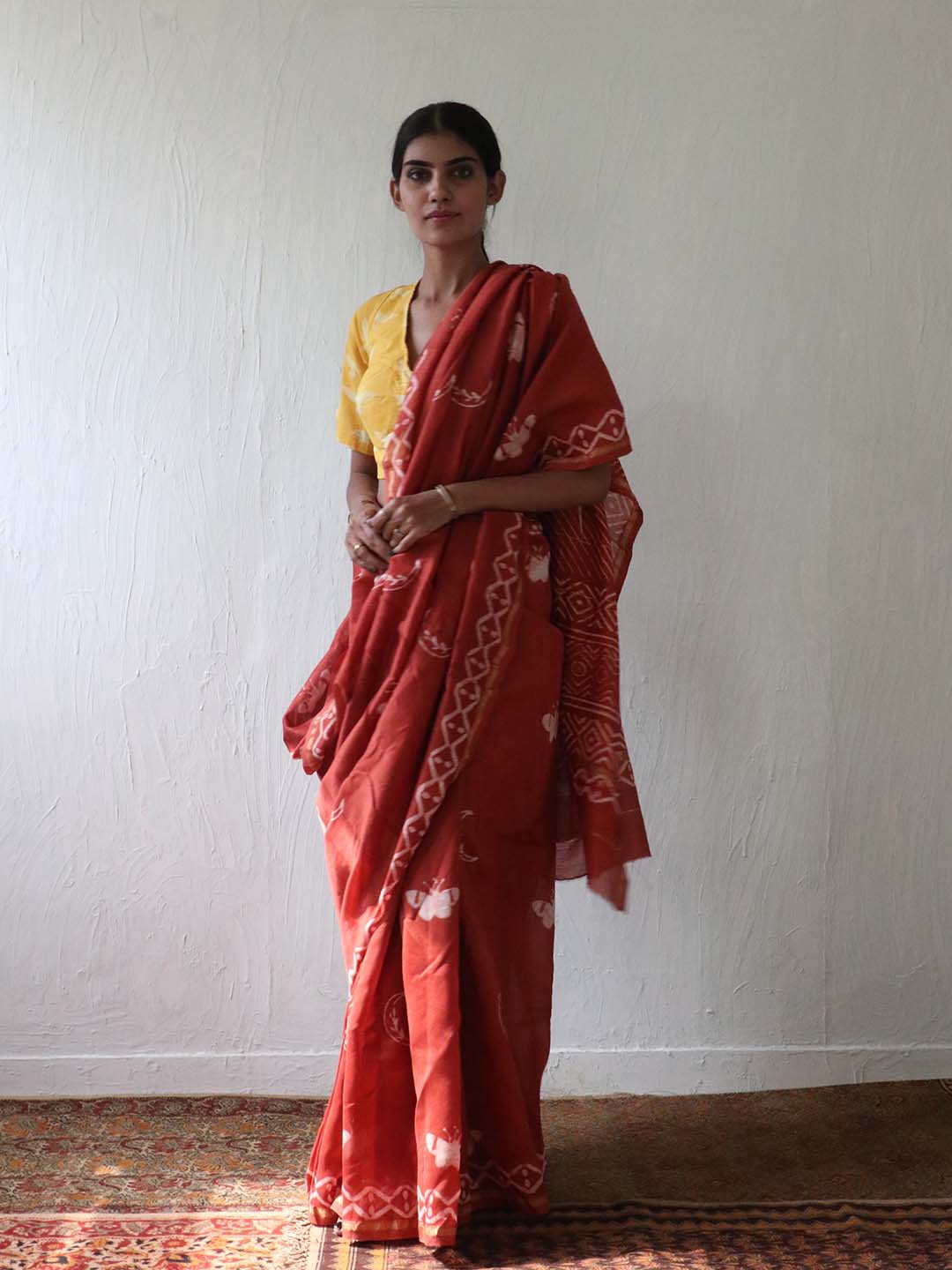 

Chidiyaa Red & Beige butterfly moon block printed Pure Silk Saree