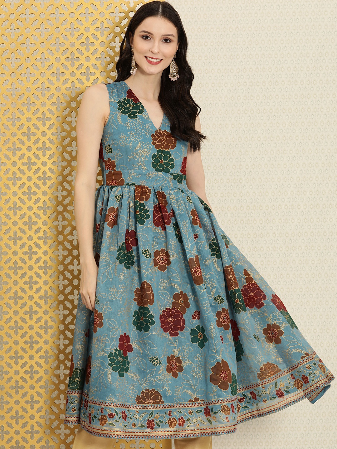 

House of Pataudi Women Blue & Maroon Floral Printed Jashn Anarkali Kurta