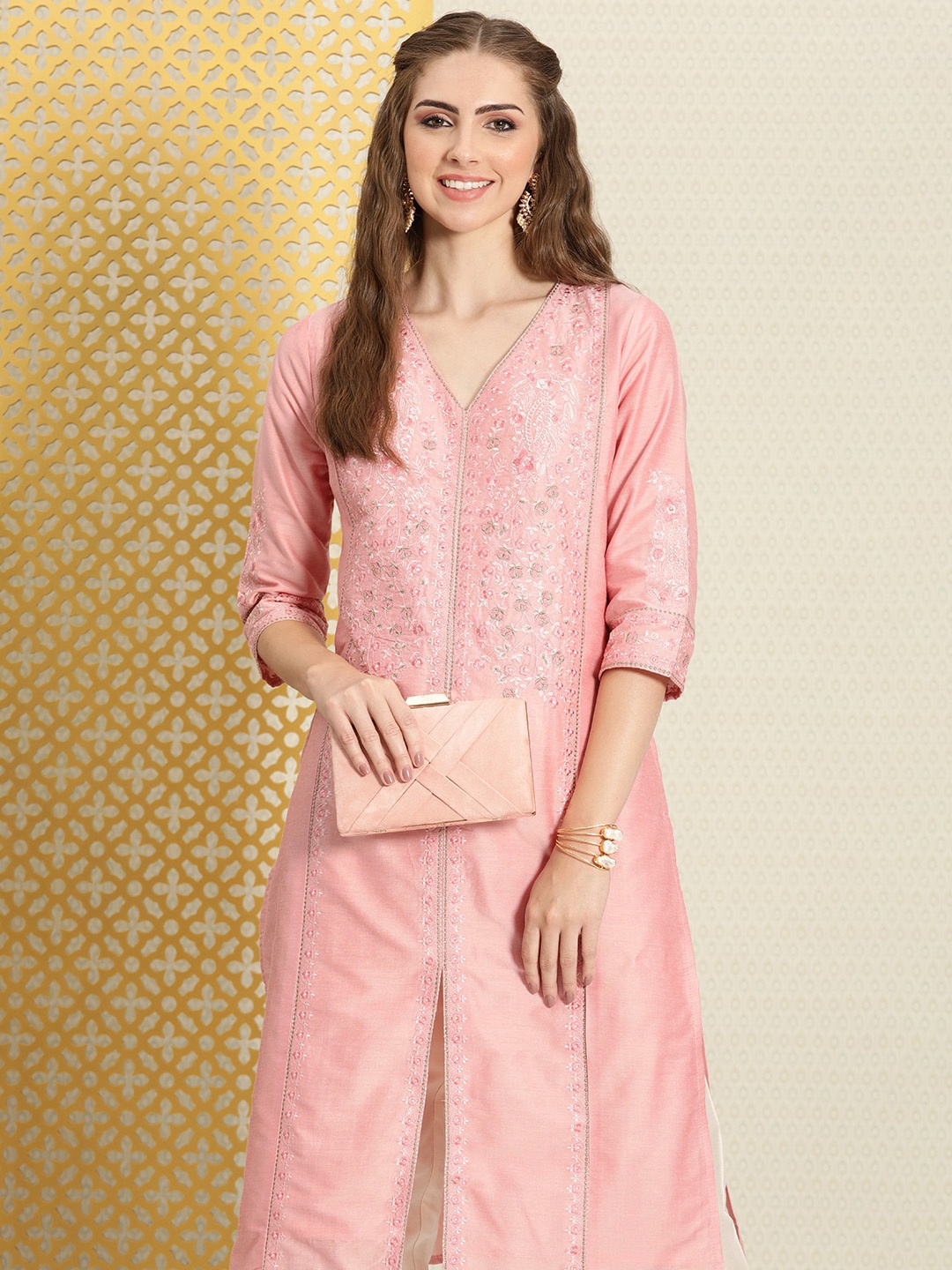 

House of Pataudi Floral Embroidered Pastels Jashn Kurta, Pink