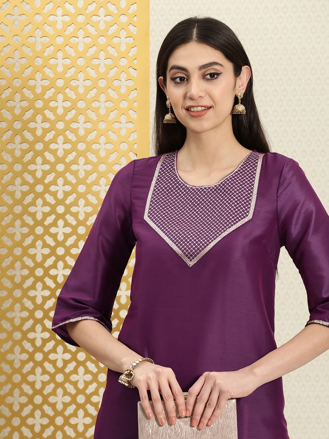 

House of Pataudi Jashn Round Neck Sequined A-Line Kurta, Purple