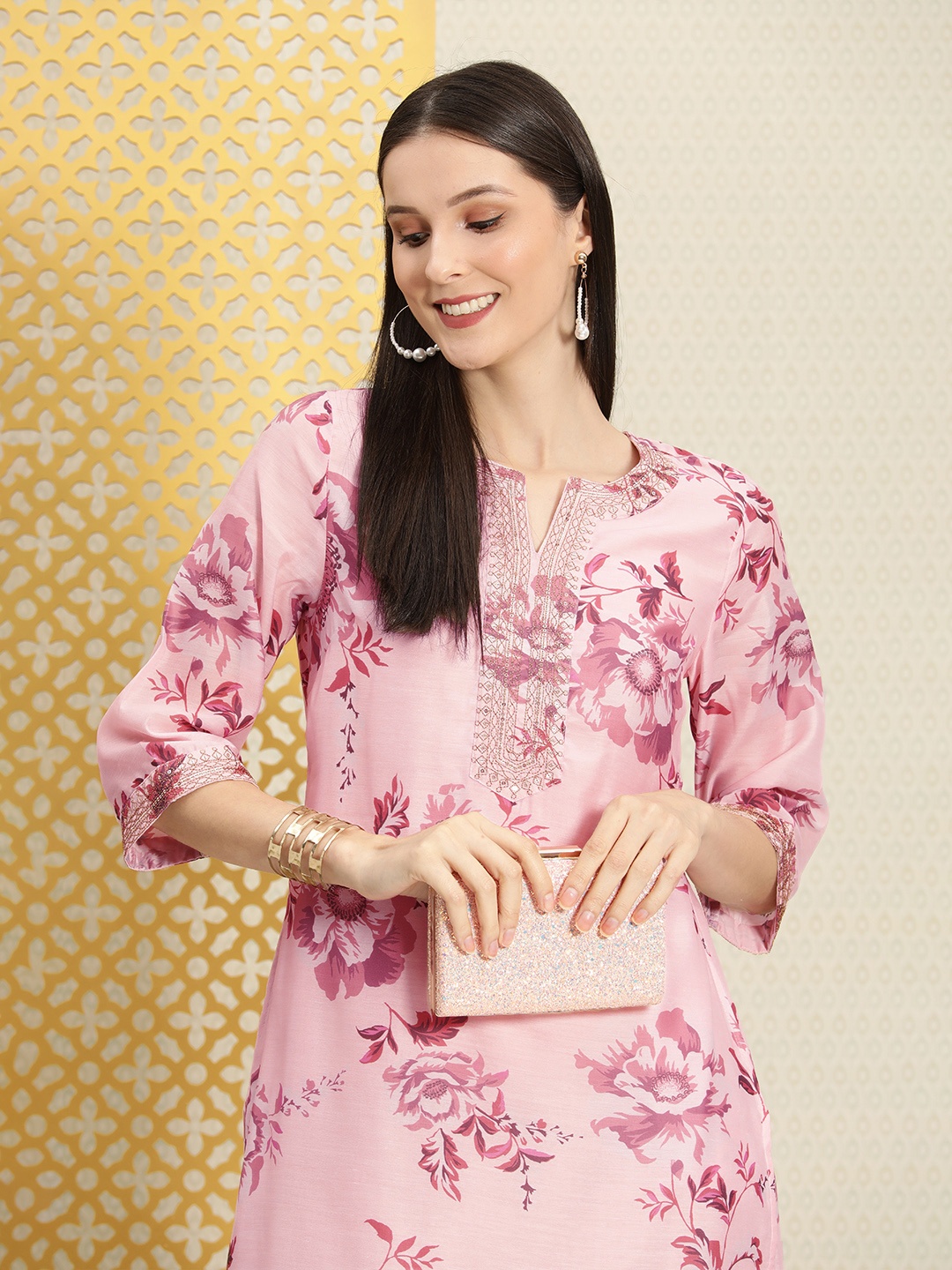 

House of Pataudi Women Pink Floral Printed Straight Kurta