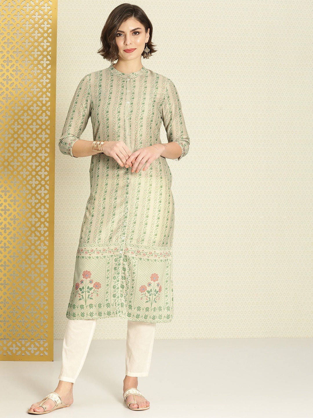 

House of Pataudi Women Beige & Green Floral Printed Floral Rozana Kurta