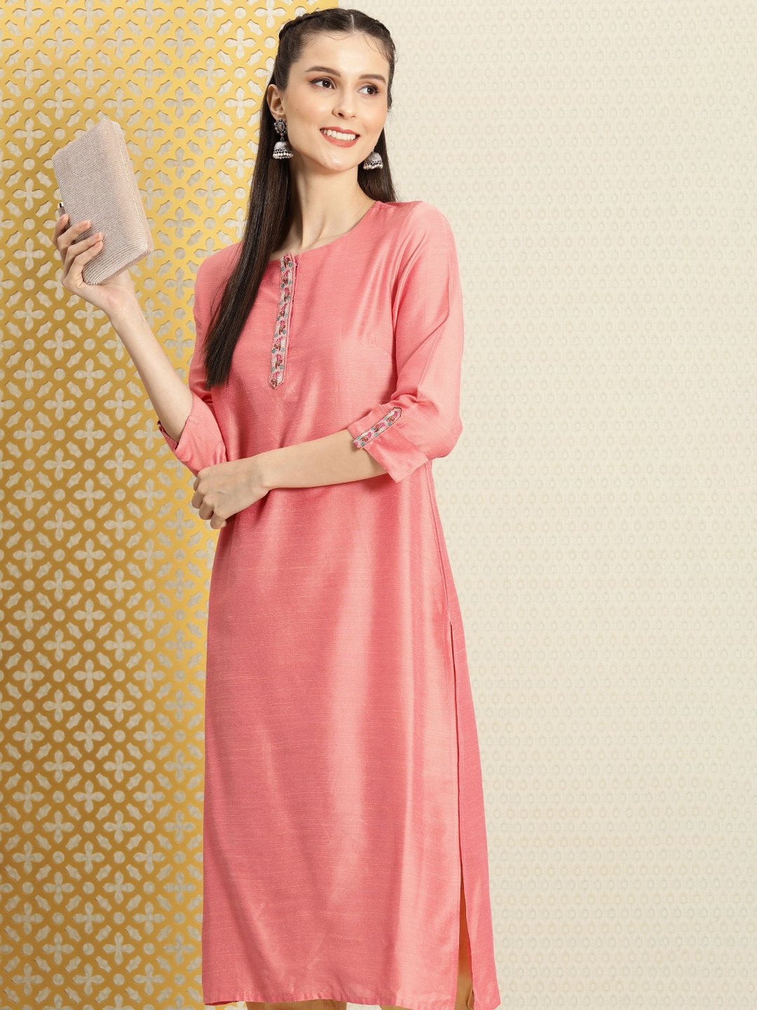 

House of Pataudi Women Pink Floral Yoke Design Jashn Thread Work Floral Kurta