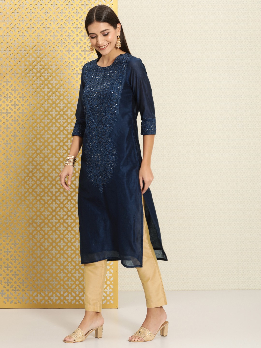 

House of Pataudi Women Navy Blue Ethnic Motifs Embroidered Sequined Jashn Kurta