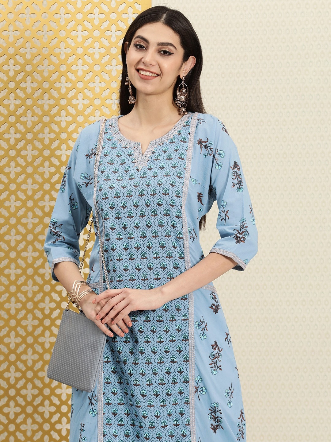 House of Pataudi Pure Cotton Floral Printed Zari Work Jashn Kurta, Blue
