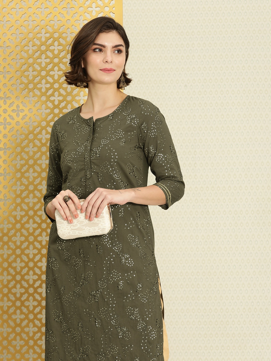 

House of Pataudi Women Olive Green & Gold-Toned Ethnic Motifs Embroidered Jashn Kurta