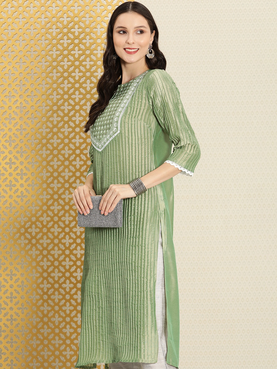 

House of Pataudi Women Sage Green Ethnic Motifs Embroidered Mirror Work Jashn Kurta