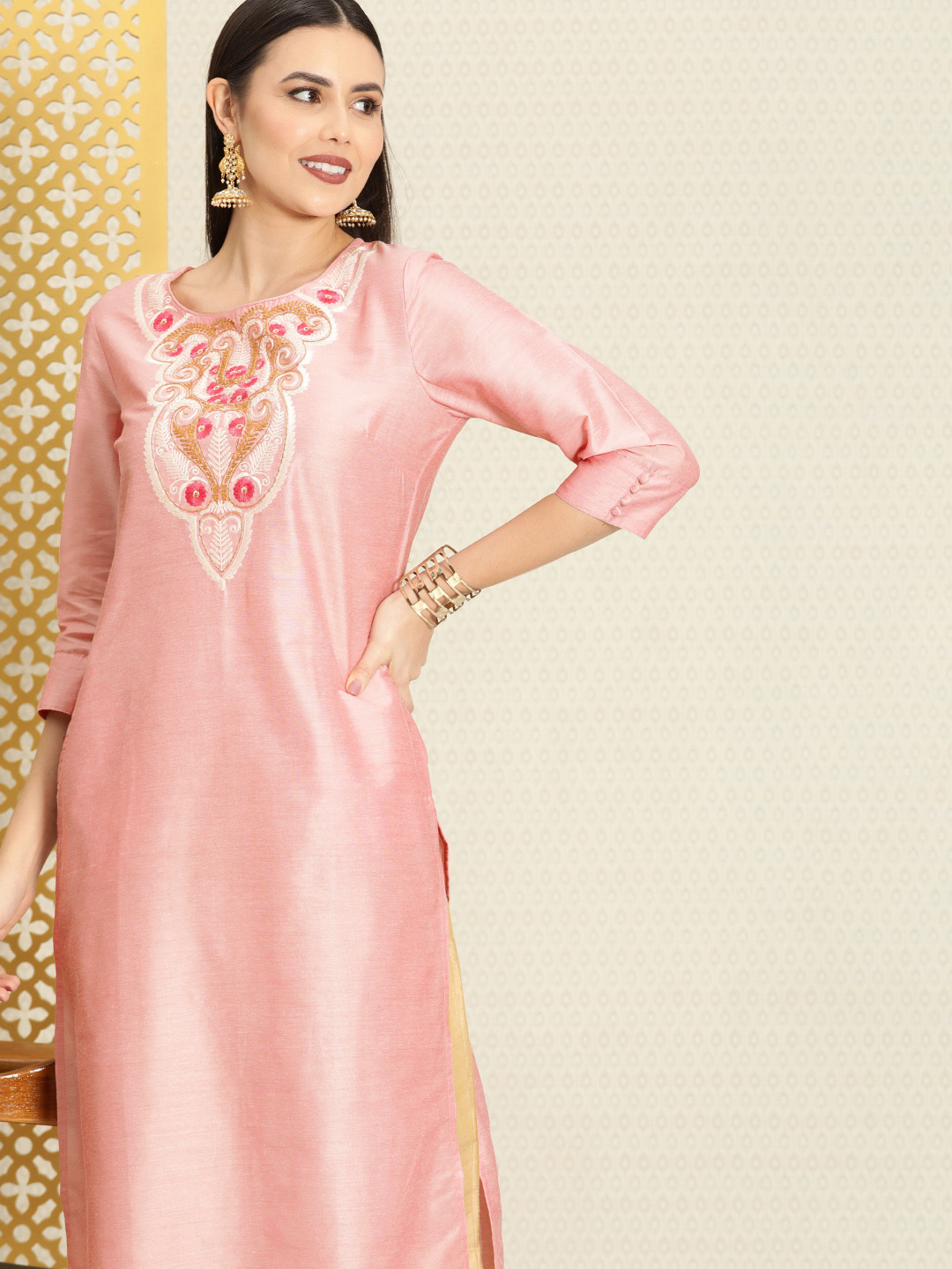 

House of Pataudi Women Pink Ethnic Motifs Yoke Design Rozana Kurta