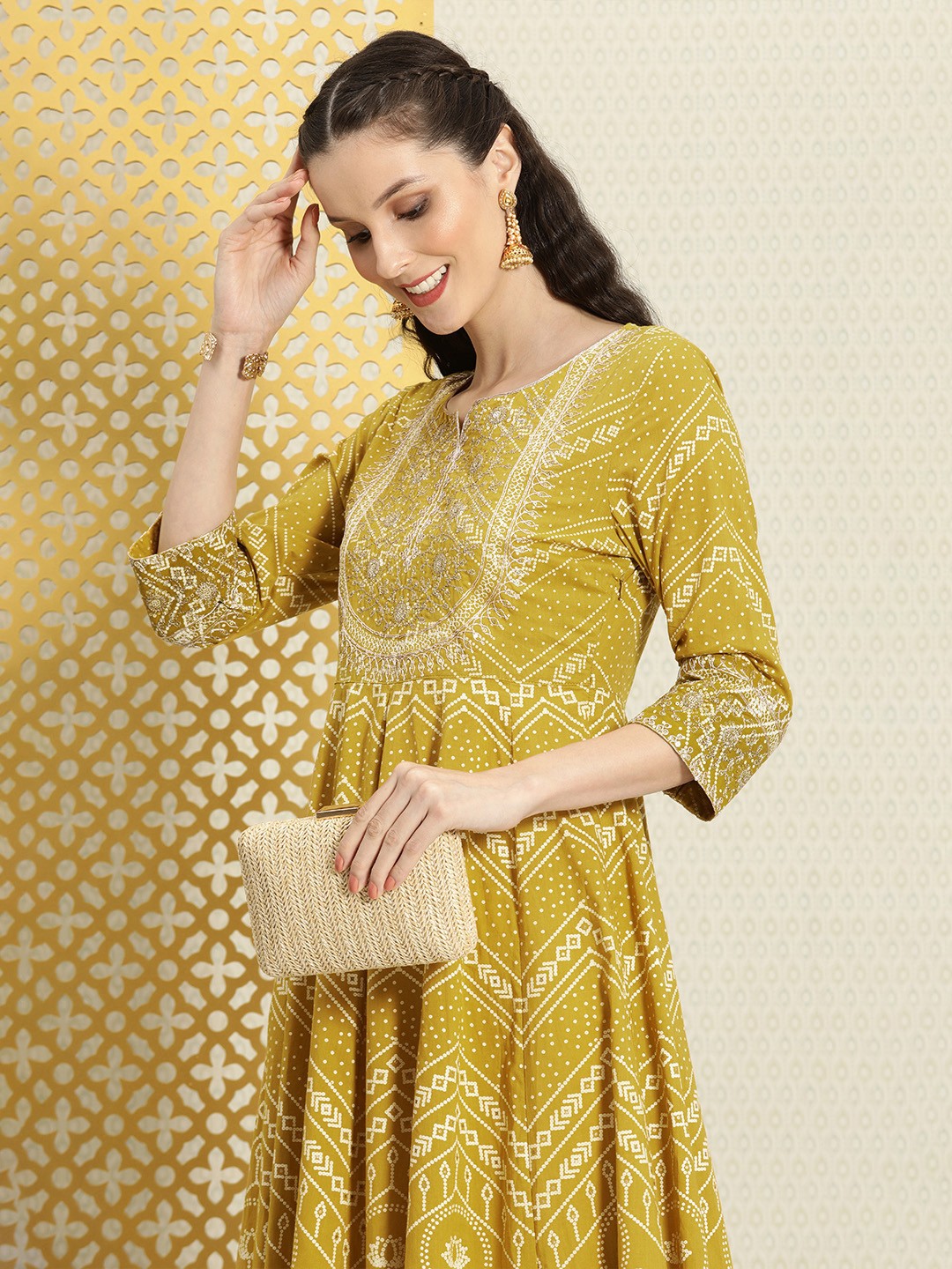 

House of Pataudi Women Mustard Yellow & White Bandhani Printed Jashn Kurta