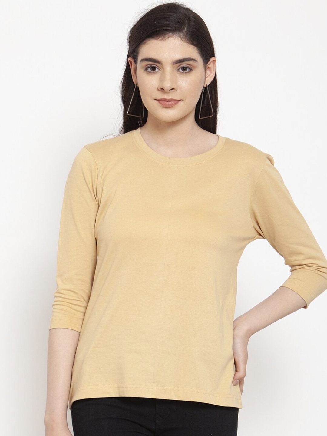 

Friskers Women Beige Solid Cotton T-shirt