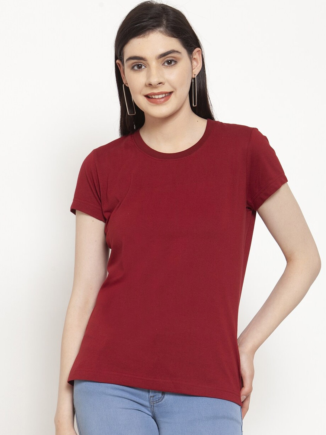 

Friskers Women Maroon Solid Cotton T-shirt