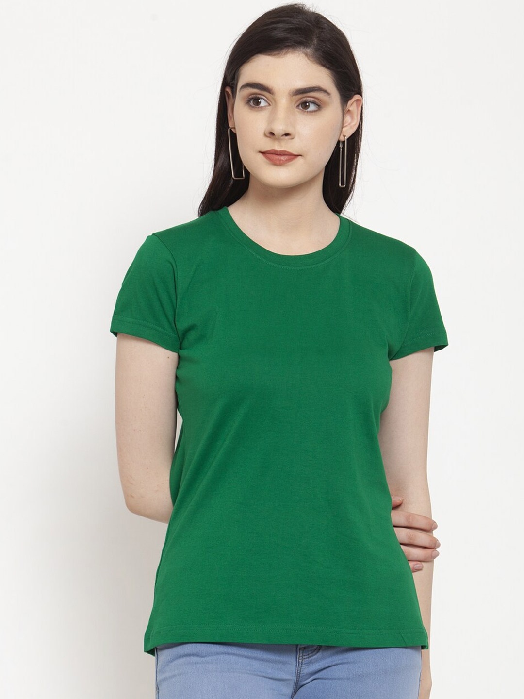 

Friskers Women Green Solid Half sleeve Tshirt