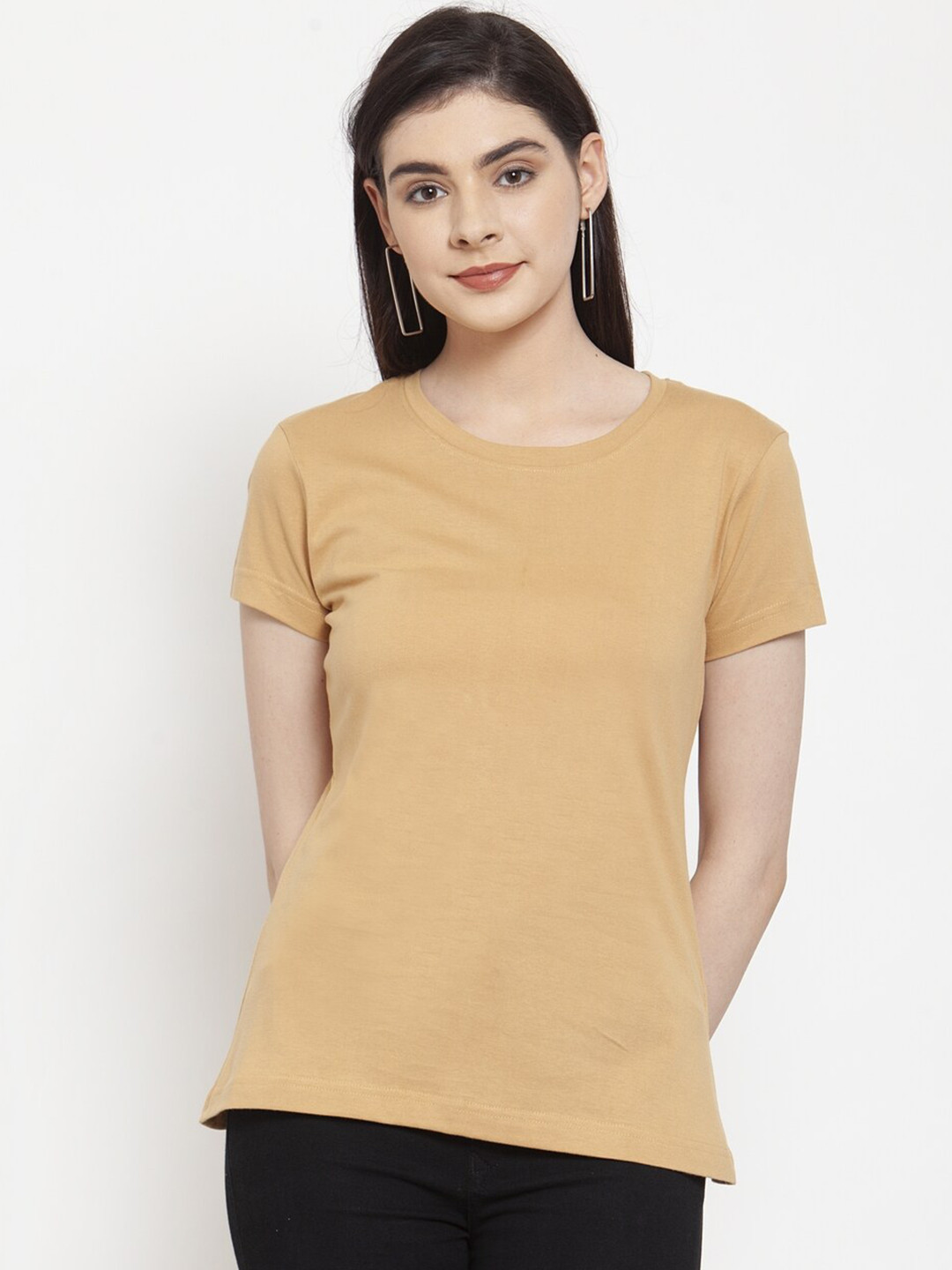 

Friskers Women Beige Solid Cotton T-shirt
