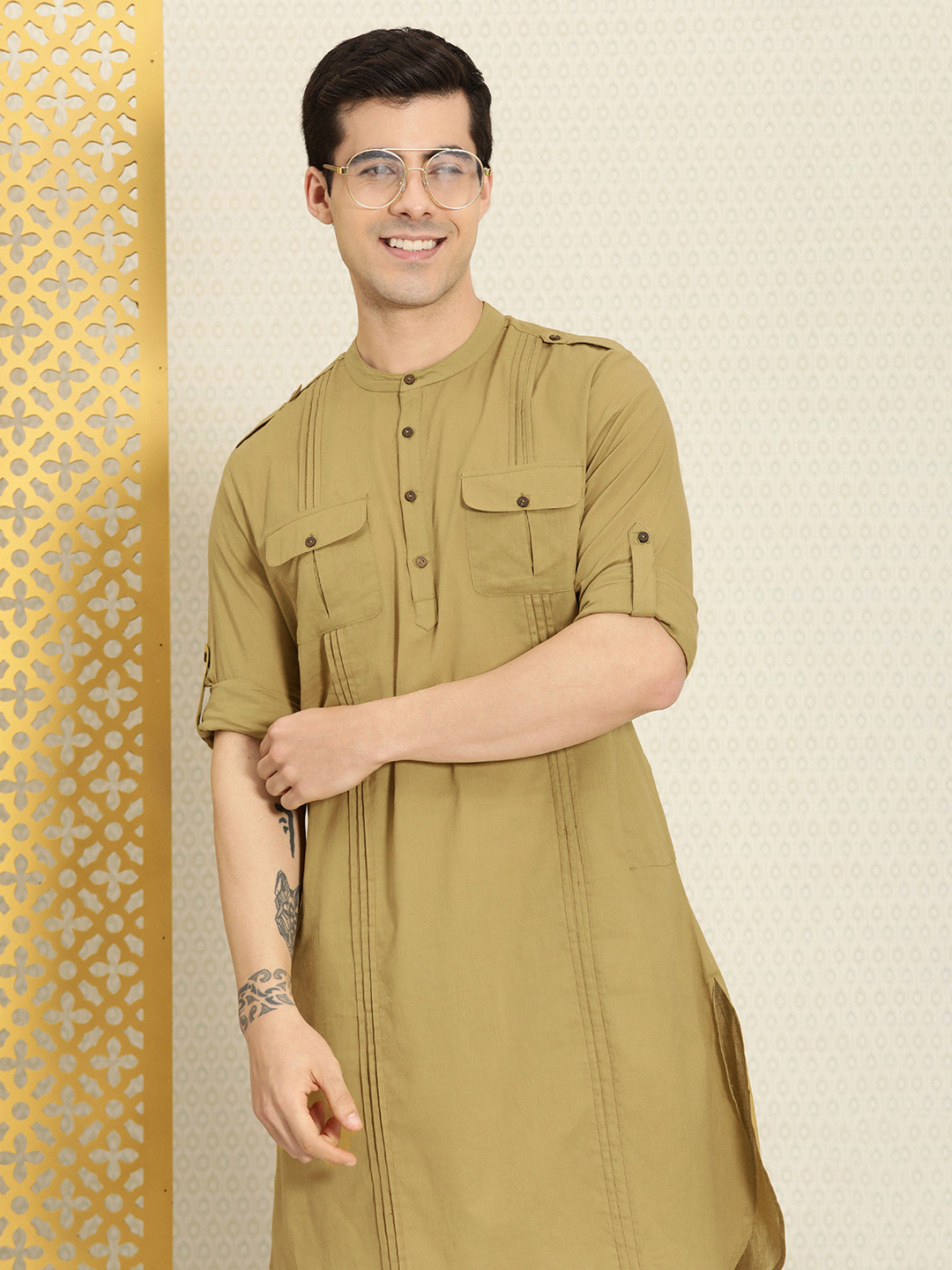 

House of Pataudi Men Olive Green Solid Pure Cotton Rozana Pakistani Style Kurta
