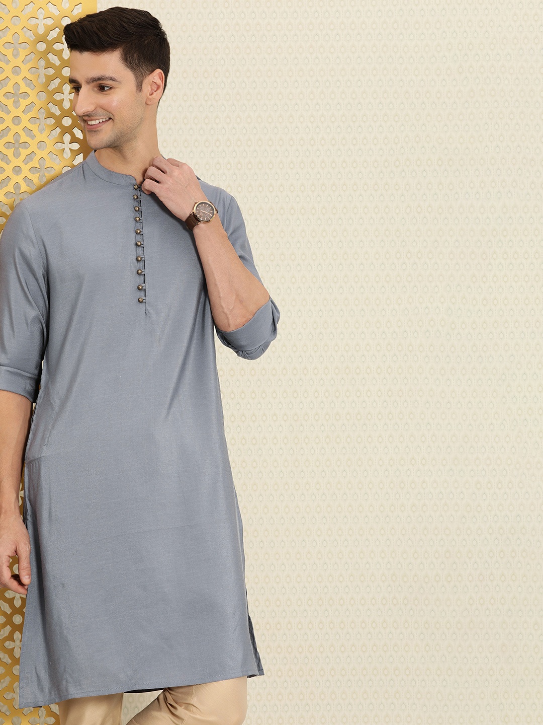 

House of Pataudi Men Grey Solid Mandarin Collar Straight Rozana Kurta