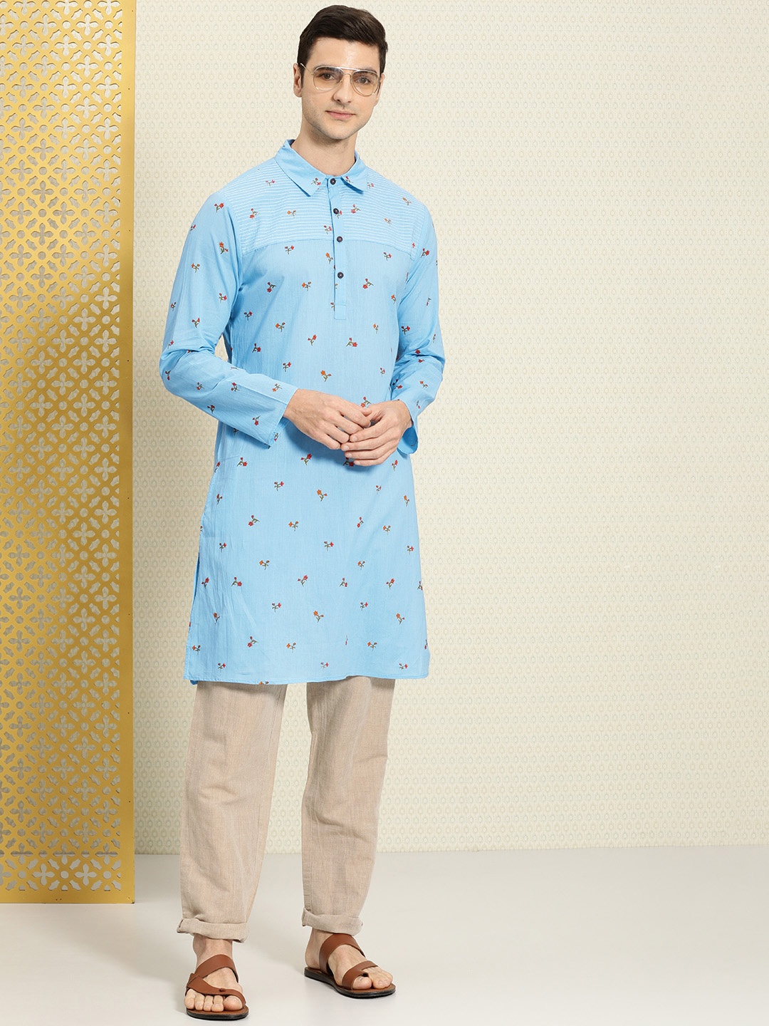 

House of Pataudi Men Blue Floral Printed Pure Cotton Rozana Kurta
