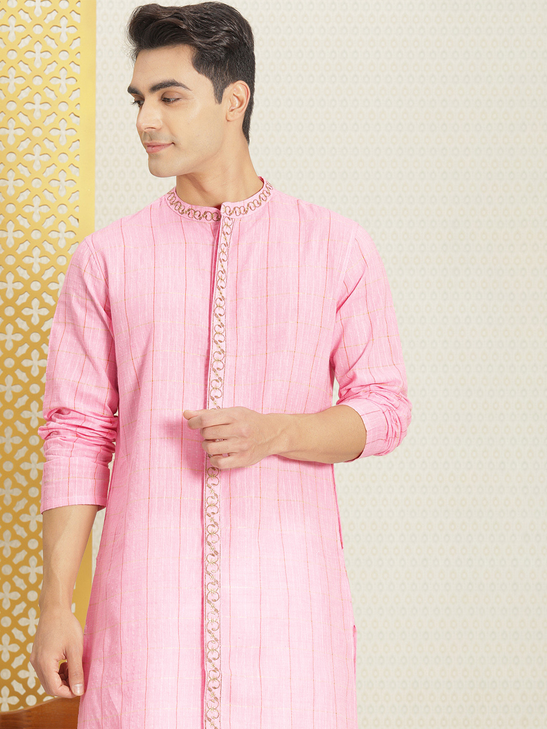 

House of Pataudi Men Pink Grid Checked Thread Work Jashn Pure Cotton Kurta