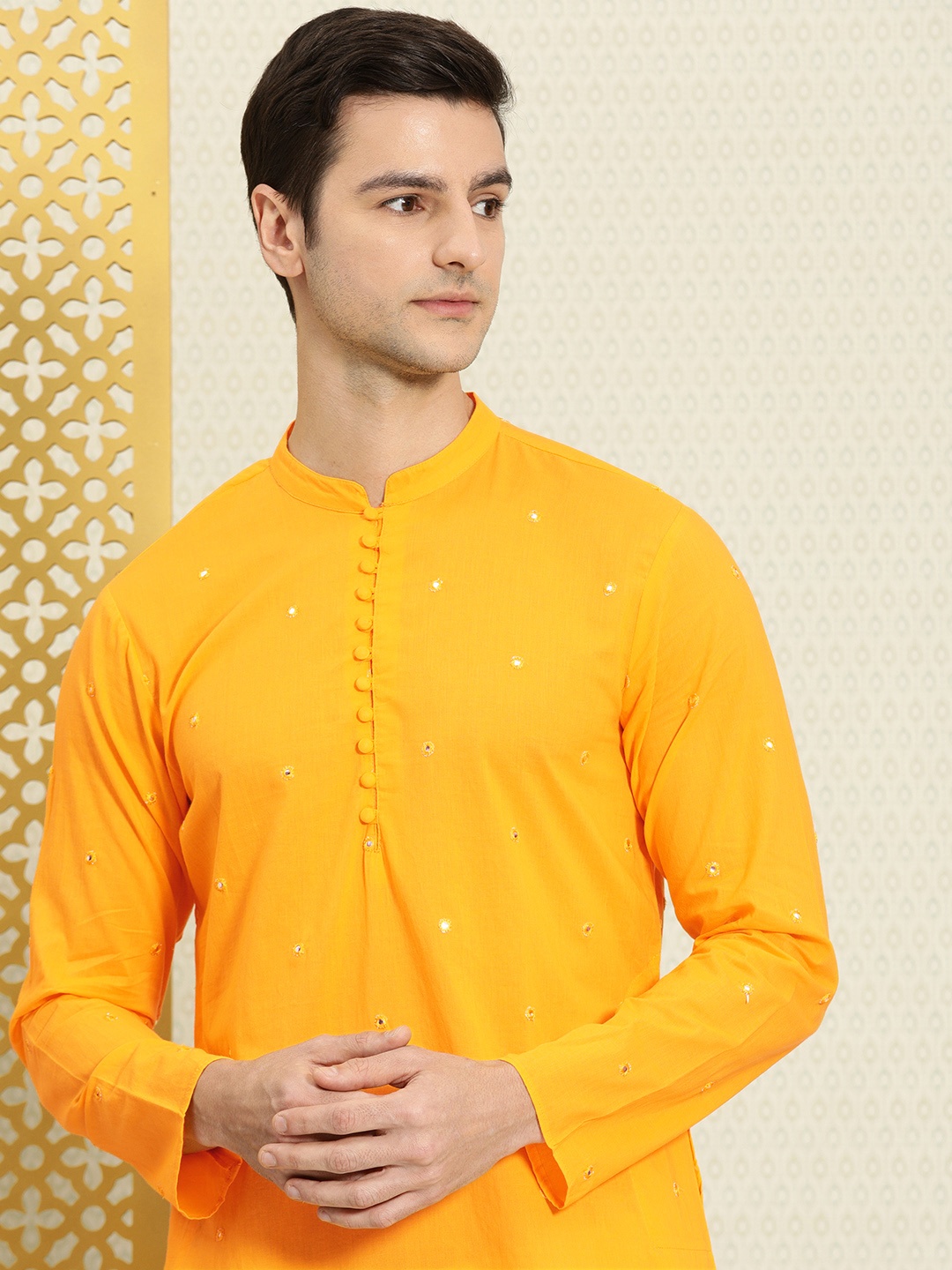 

House of Pataudi Men Mustard Yellow Mirror Work Pure Cotton Rozana Kurta