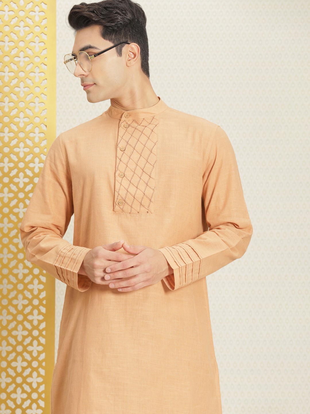

House of Pataudi Men Beige Thread Work Angrakha Jashn Pure Cotton Kurta