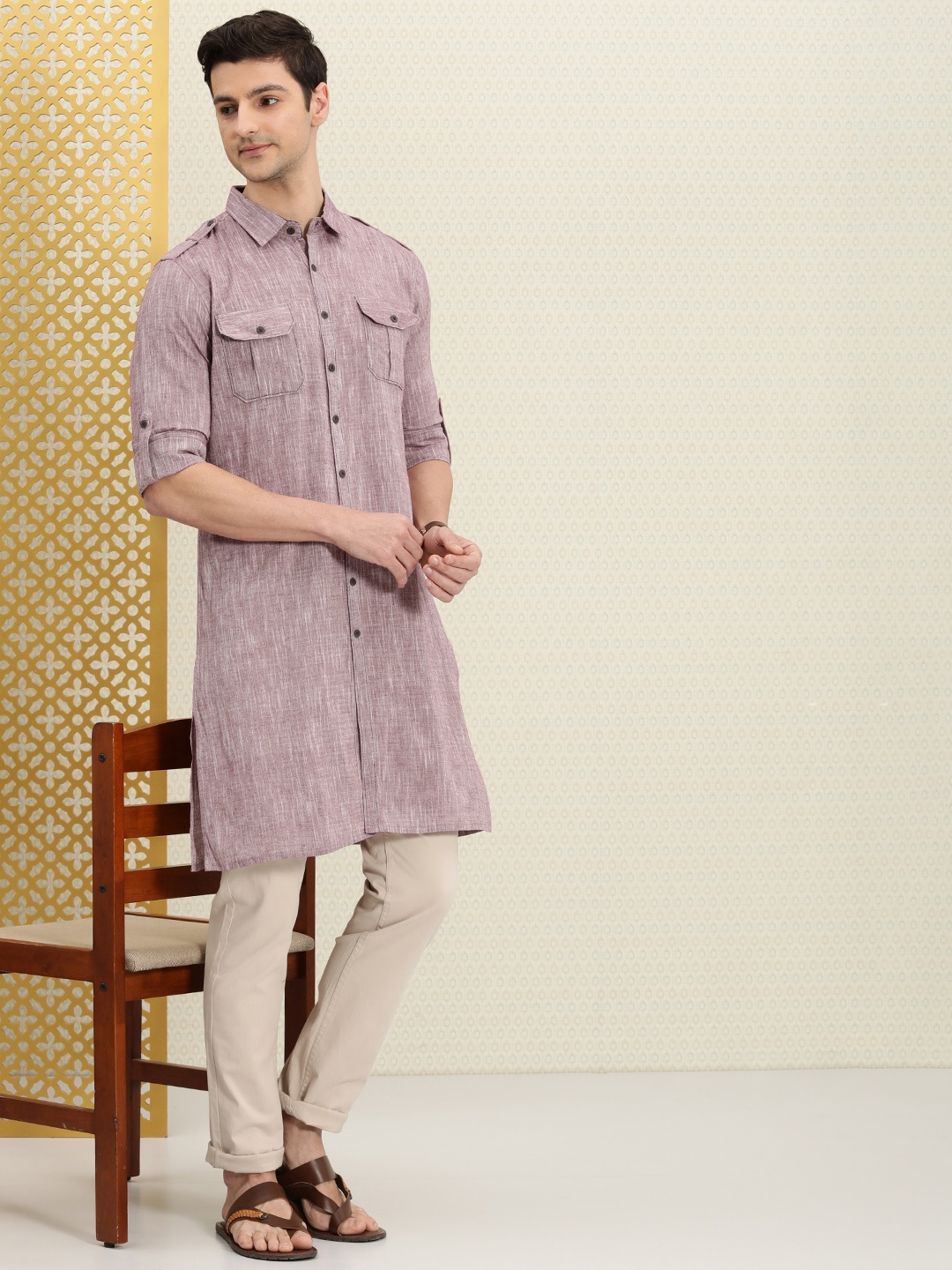

House of Pataudi Men Lavender Straight Pure Cotton Pathani Kurta
