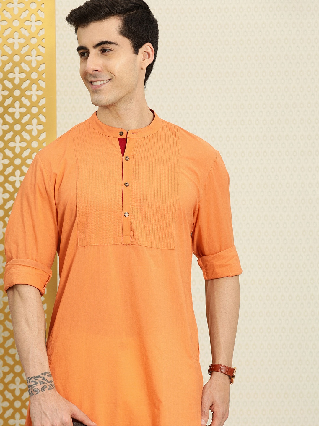 

House of Pataudi Men Orange Solid Pure Cotton A-Line Kurta
