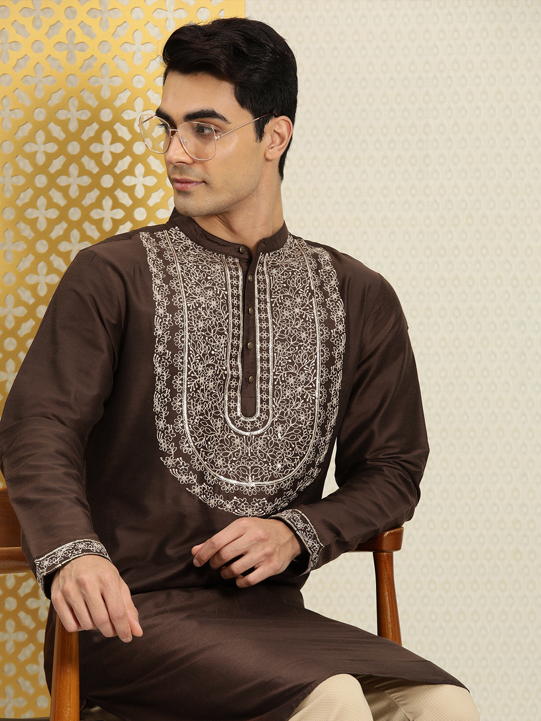 

House of Pataudi Men Brown Yoke Design Jashn Kurta