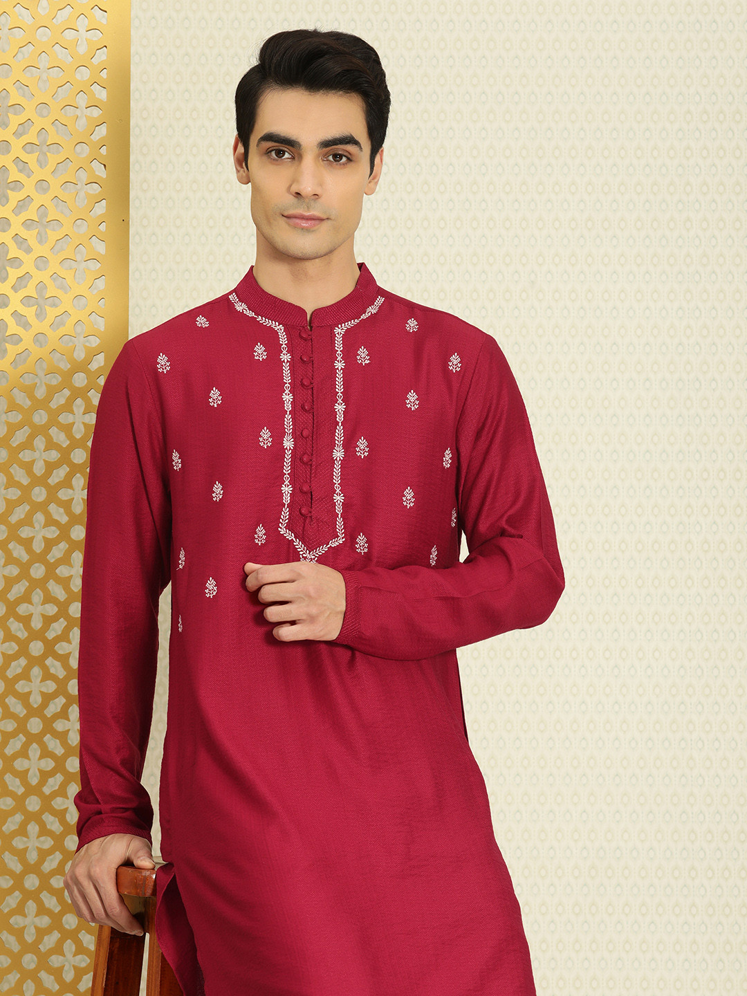 

House of Pataudi Men Maroon Ethnic Motifs Yoke Design Thread Work Rozana Kurta