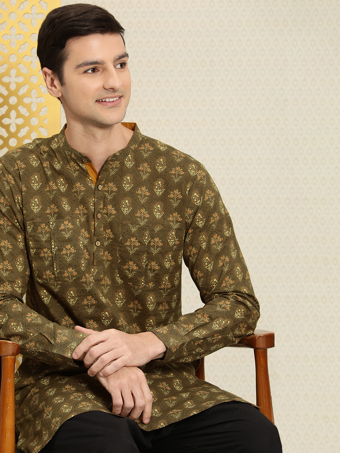 

House of Pataudi Men Brown Ethnic Motifs Printed Kurta