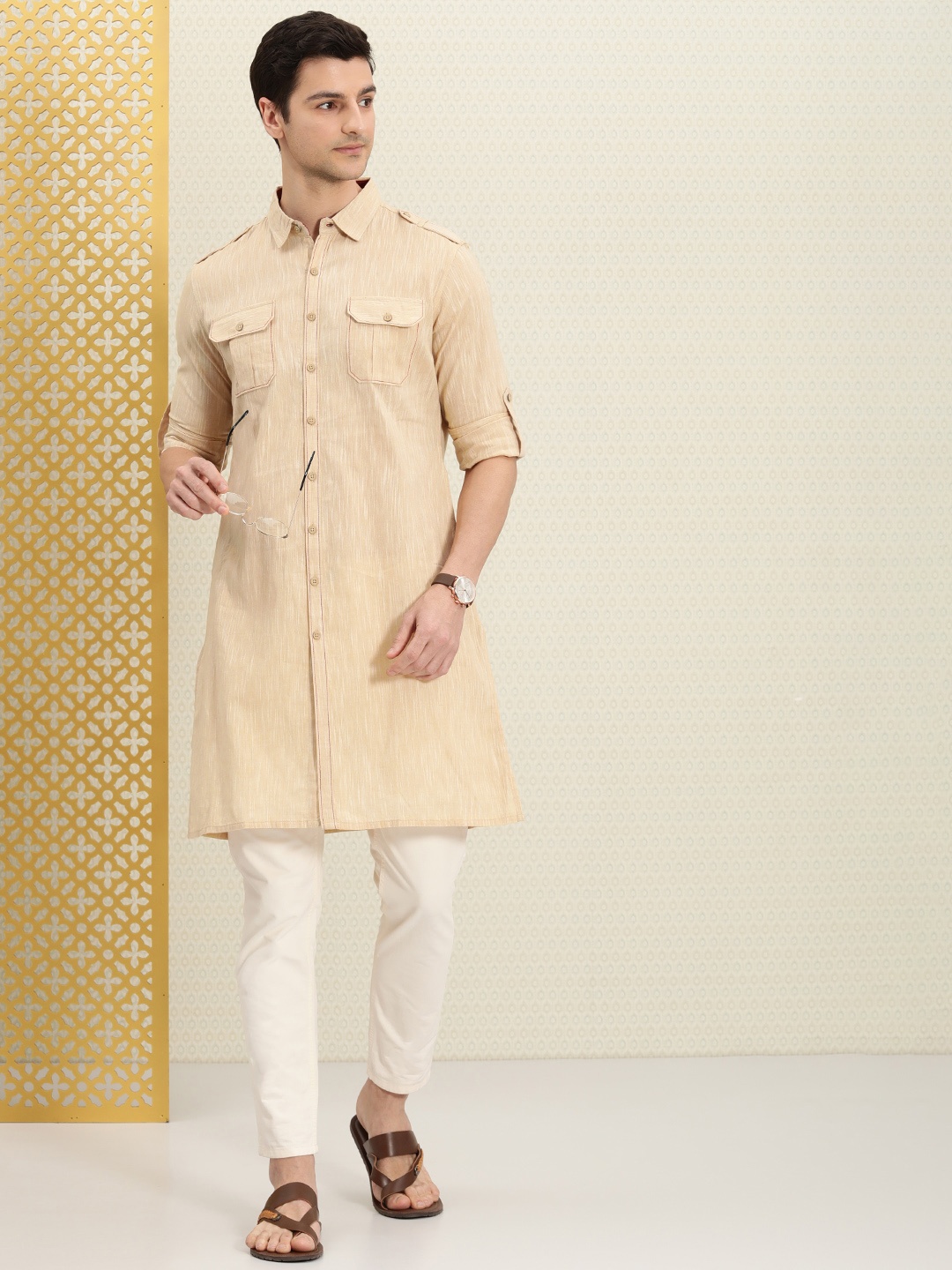 

House of Pataudi Men Beige Straight Pure Cotton Pathani Kurta