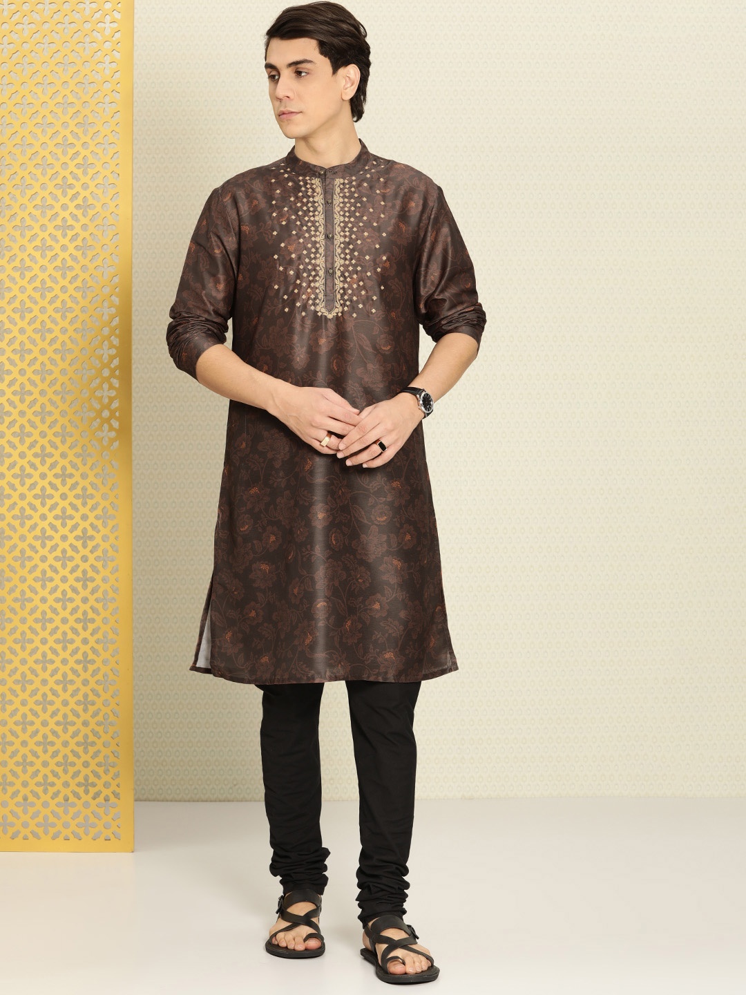 

House of Pataudi Floral Printed Embroidered Rozana Kurta, Brown
