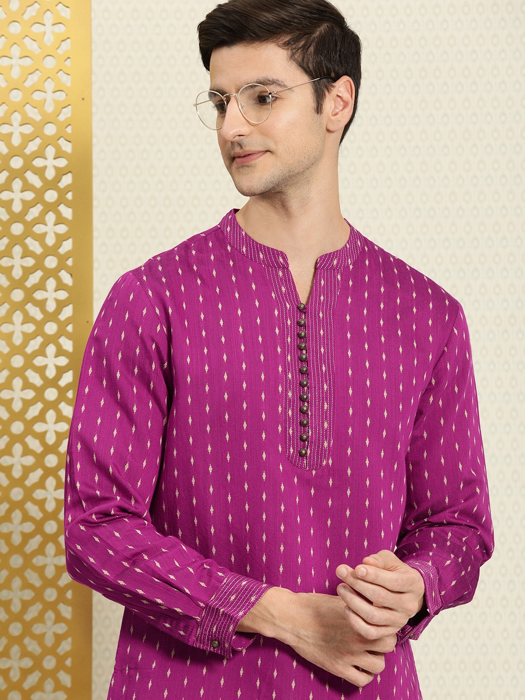 

House of Pataudi Men Pink Woven Designed Ethnic Motifs Ethnic Kurta