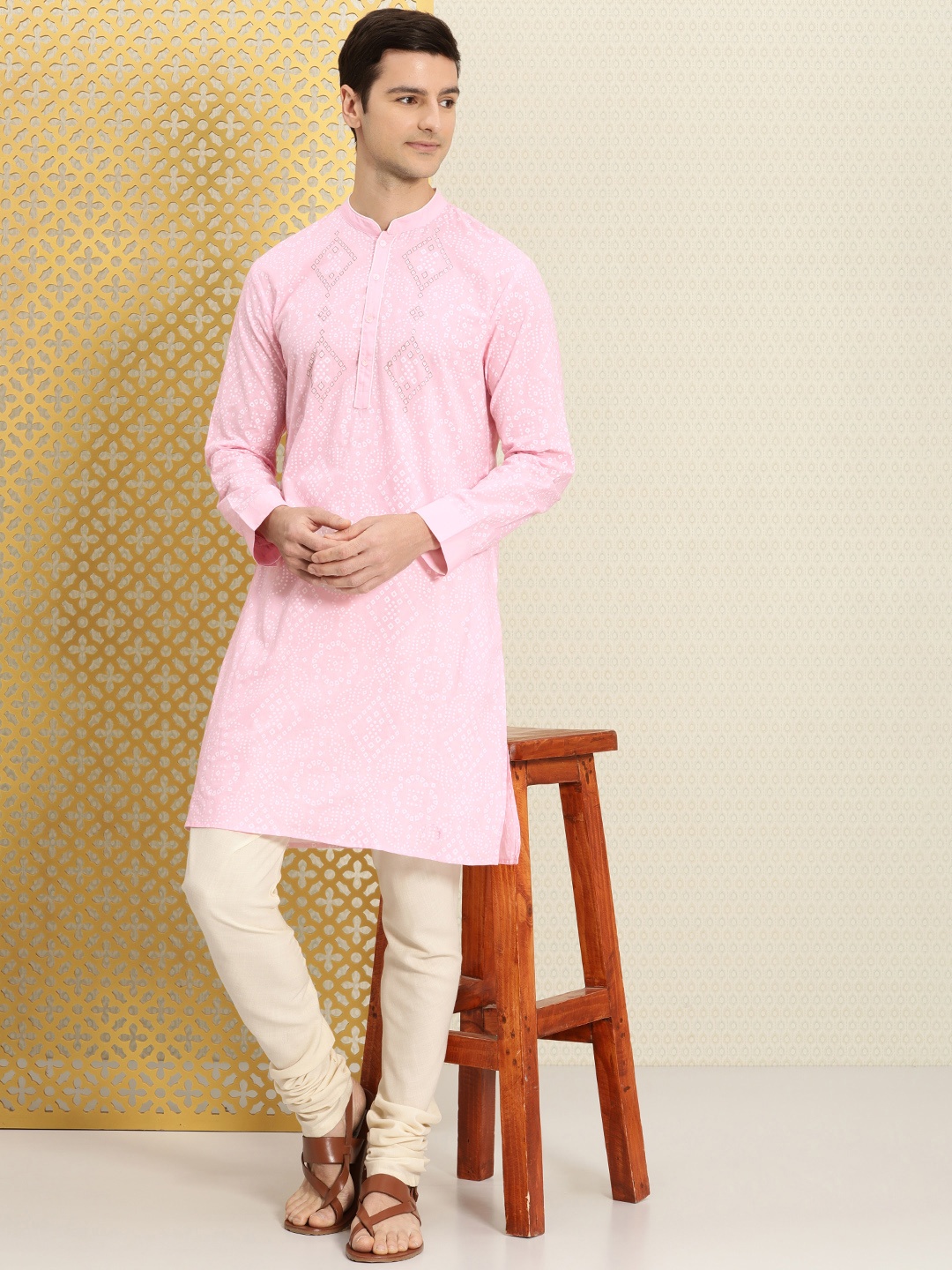 

House of Pataudi Men Pink & White Bandhani Printed Pure Cotton Jashn Kurta