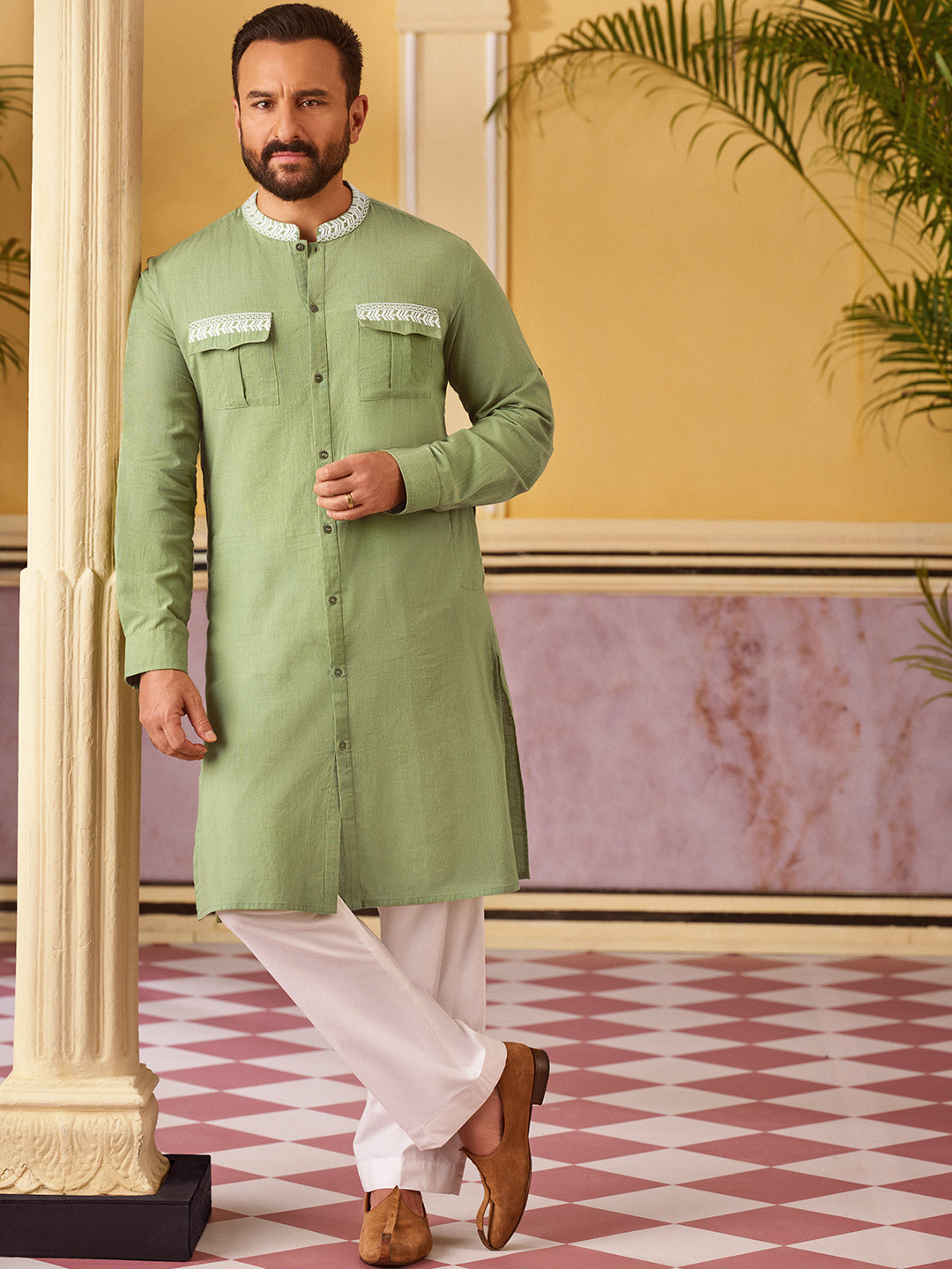 

House of Pataudi Men Olive Green Embroidered Jashn Straight Kurta