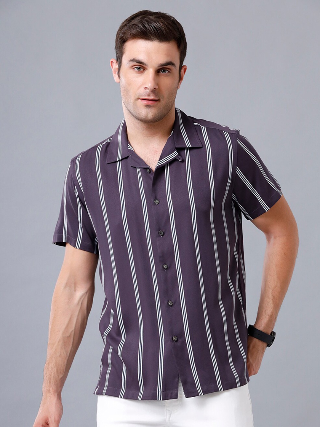 

YOVISH Men Navy Blue Smart Slim Fit Striped Casual Shirt