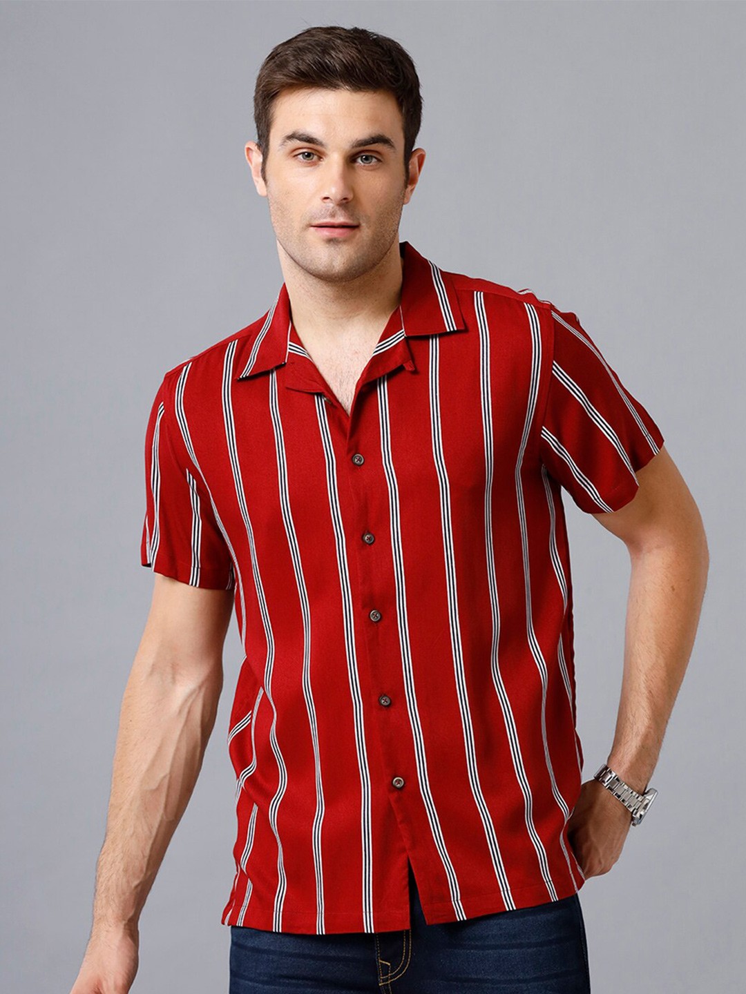 

YOVISH Men Maroon Smart Slim Fit Striped Casual Shirt