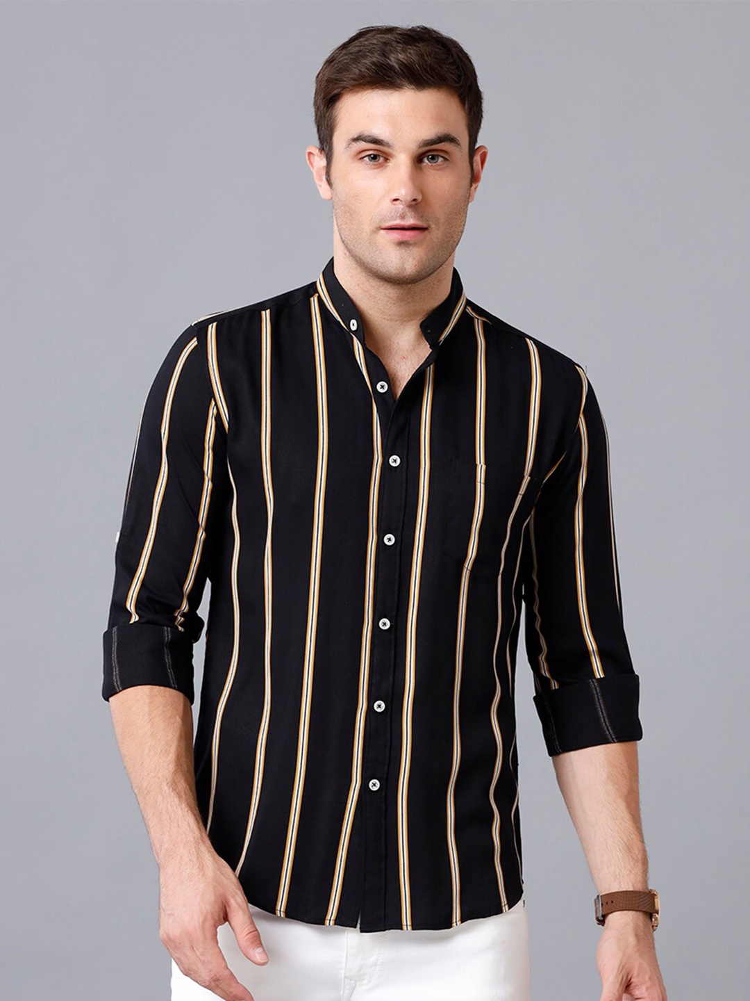 

YOVISH Men Black Smart Slim Fit Striped Casual Shirt