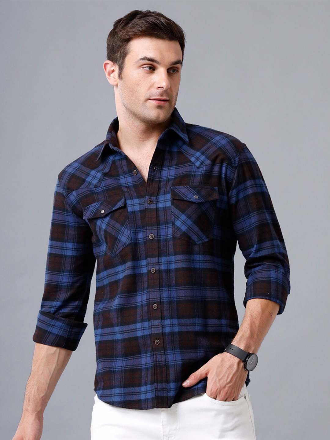 

YOVISH Men Navy Blue Smart Slim Fit Checked Casual Shirt