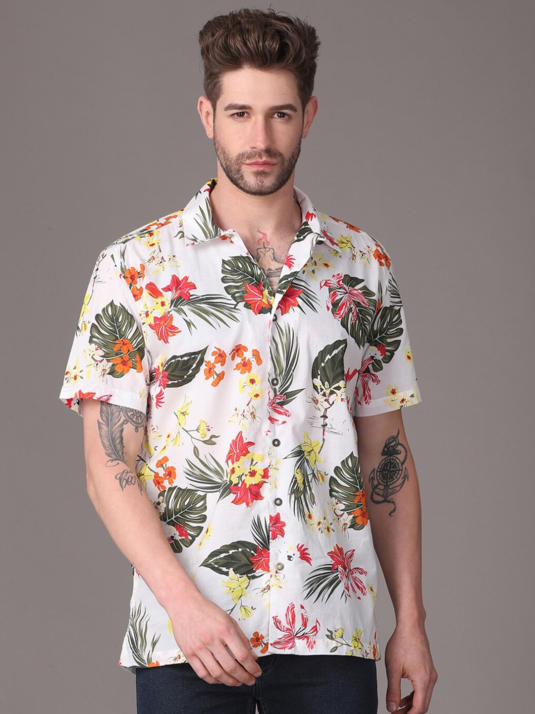 

YOVISH Men White Smart Slim Fit Floral Printed Casual Shirt