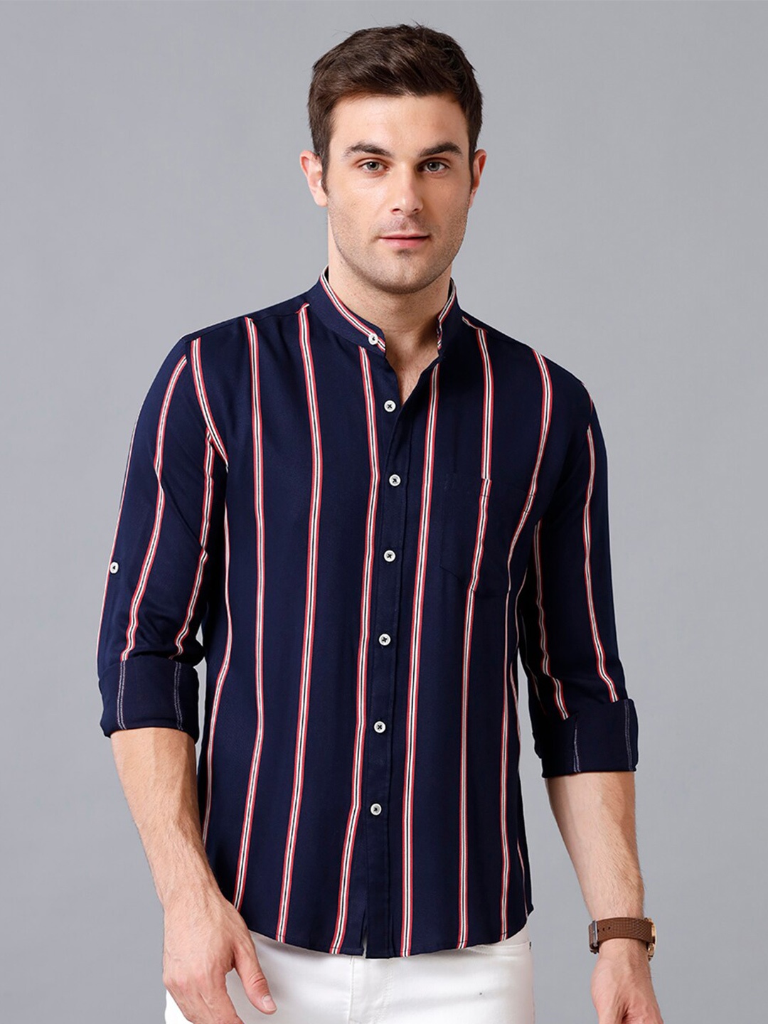 

YOVISH Men Navy Blue Smart Slim Fit Striped Casual Shirt