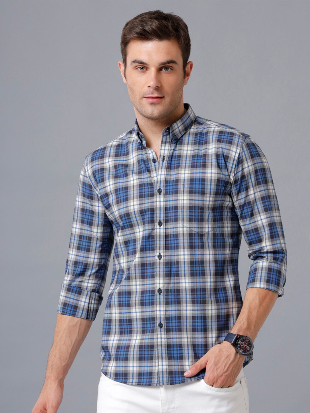 

YOVISH Men Blue Smart Slim Fit Tartan Checks Checked Formal Shirt