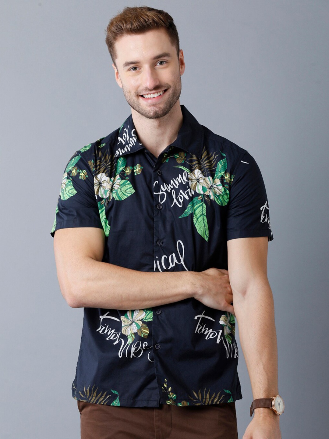 

YOVISH Men Navy Blue Smart Slim Fit Floral Printed Casual Shirt