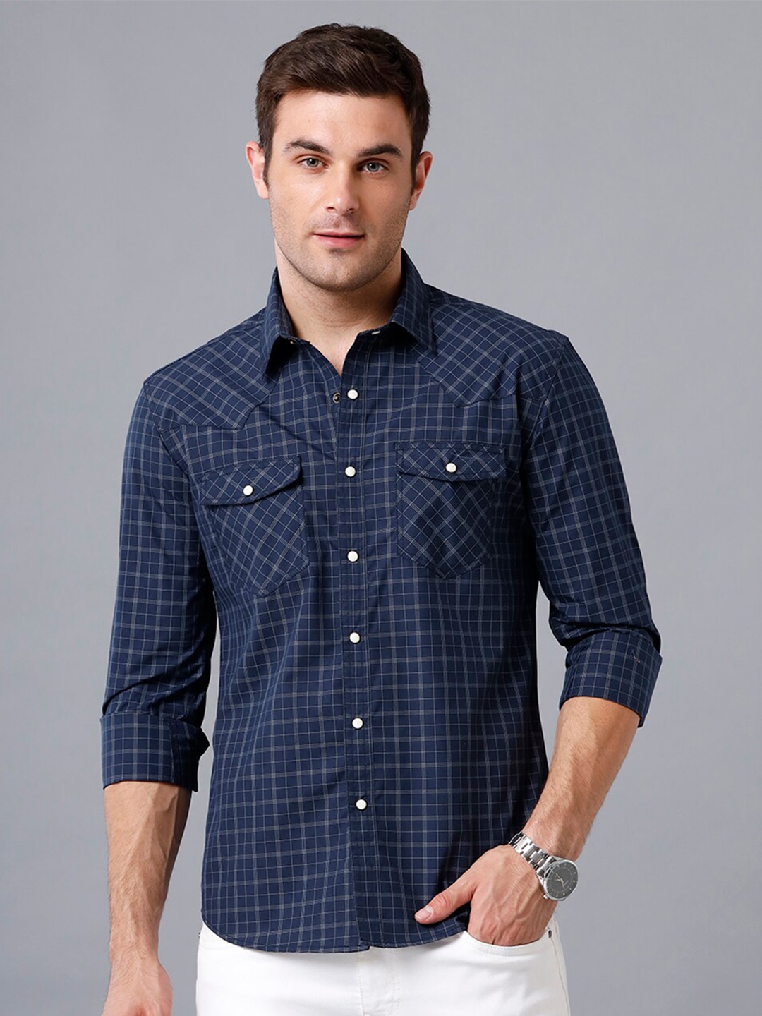 

YOVISH Men Navy Blue Smart Slim Fit Checked Casual Shirt